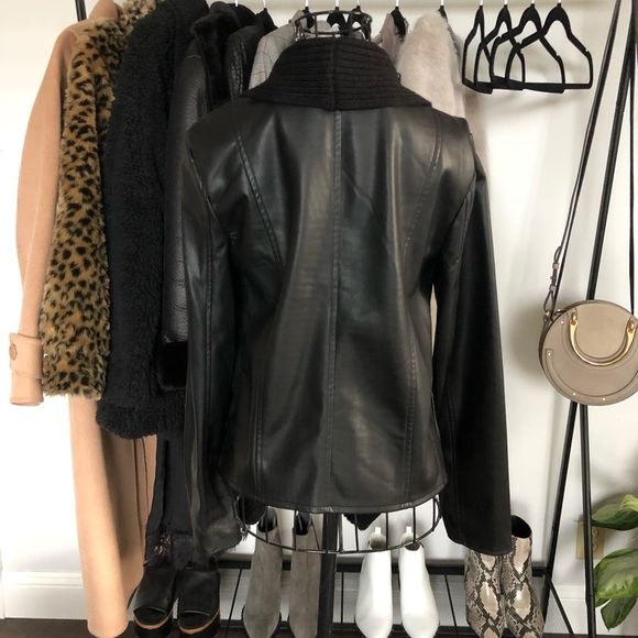 Leather Jacket with Knit Waterfall Drape Front - Picture 2 of 5